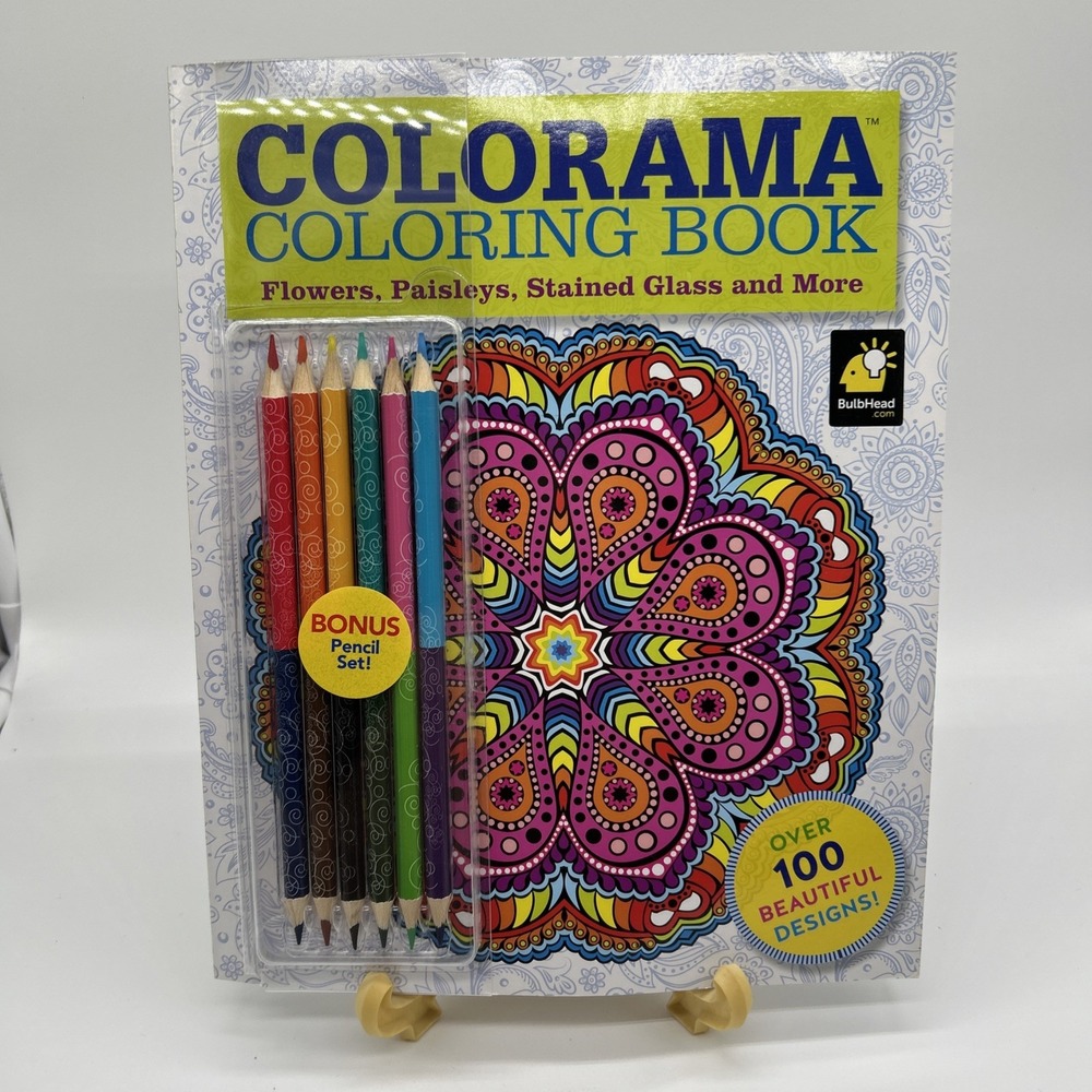 Colorama Coloring Book for Adults with 12 Colored Pencils 100 designs unused!